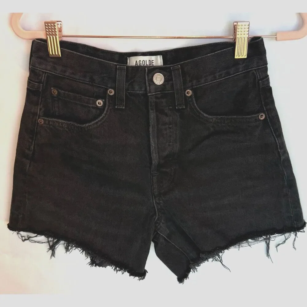 AGOLDE Parker Long Frayed Hem Button Fly Black Denim Cutoff Shorts Size 23